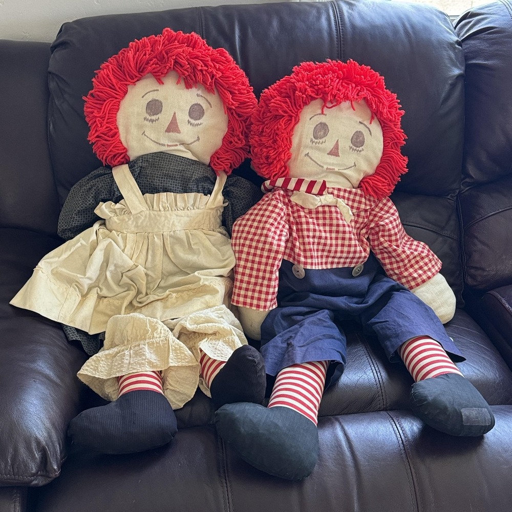Vtg 36" Raggedy Ann & Andy Red Yarn Hair Retro Cloth Dolls‎ USA Knickerbocker